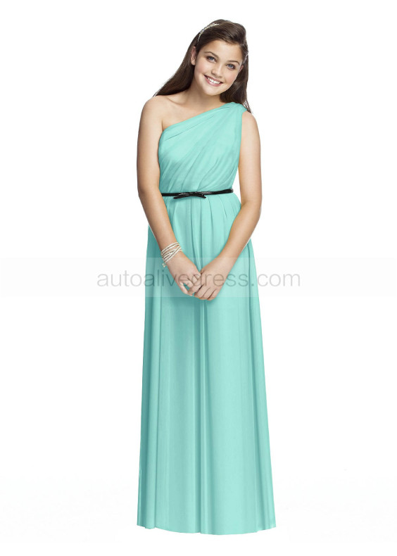 One Shoulder Mint Blue Chiffon Floor Length Junior Bridesmaid Dress